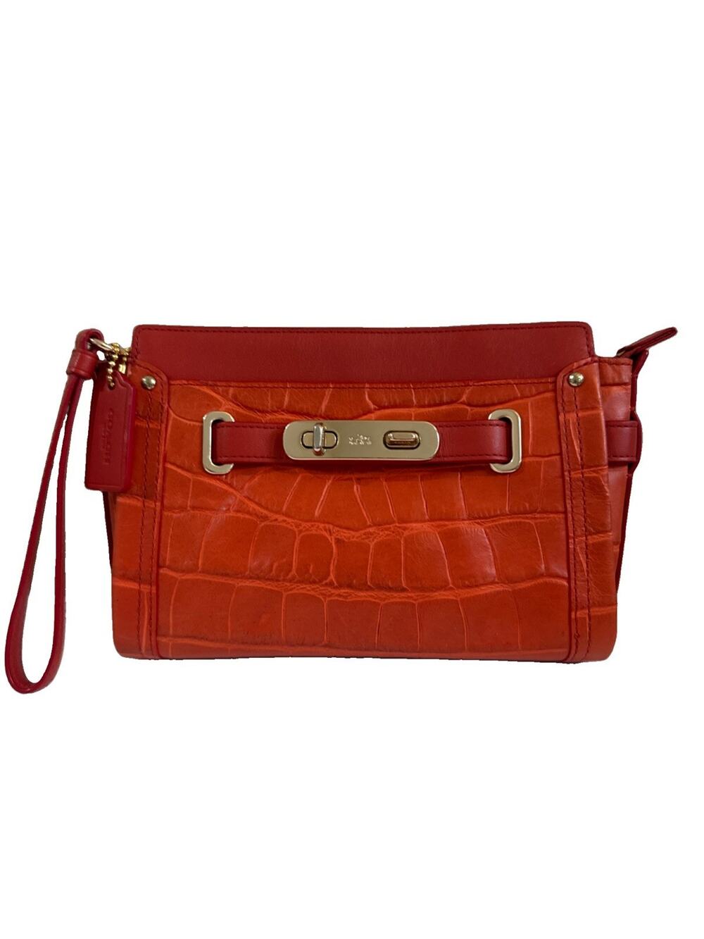 $275 Coach Swagger Wristlet in Colorblock Exotic Crocodile-Embossed Leather.
